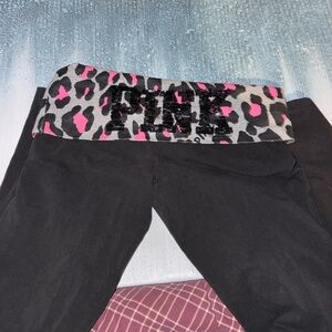 PINK Victoria's Secret Black Pants with Pink Leopard Print Waistband